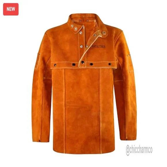 Leather Welding Jacket with Bib Apron, Heat Flame Resistant Work Coat
